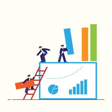 Vektör illüstrasyonu çalışanları internet üzerinden iş dünyasının tanıtımı üzerine iş kuruyor iş fikirlerinin yükseliş derecesi