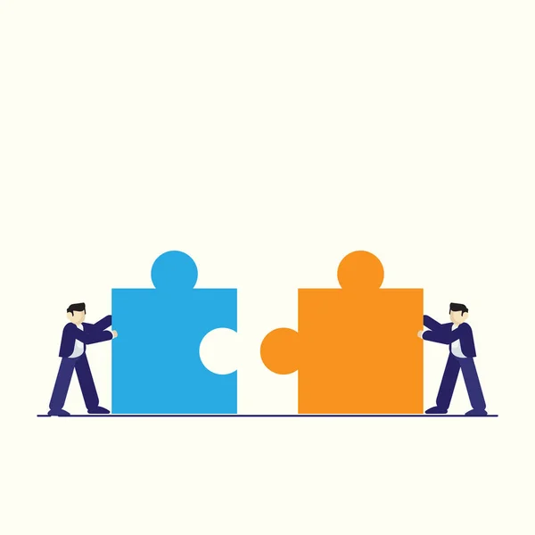 İşadamı yapbozu tamamlamak için onu zorluyor. İş ekibi konsepti vektör sembolü. İşbirliği ve işbirliği fikri