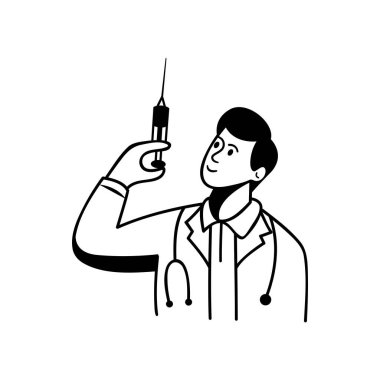 Steteskoplu erkek doktor şırınga silueti retro stil illüstrasyonunu tutuyor