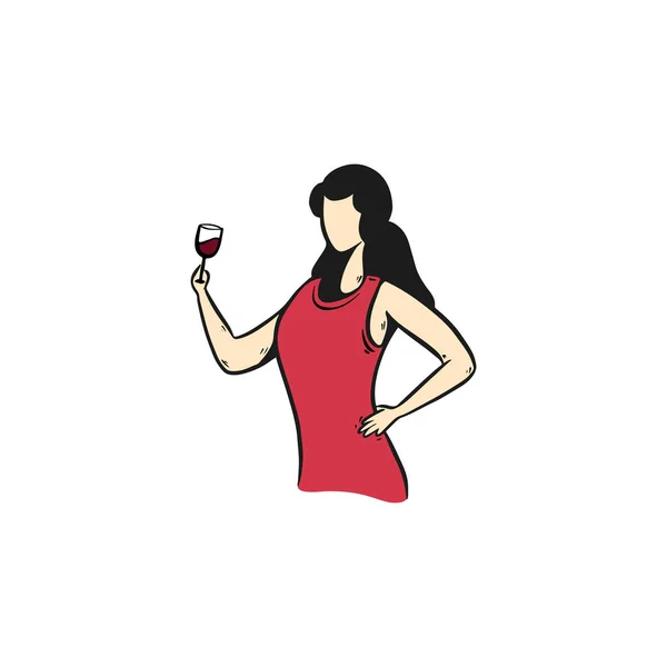 Retro Doodle Mujer Persona Beber Vino — Vector de stock