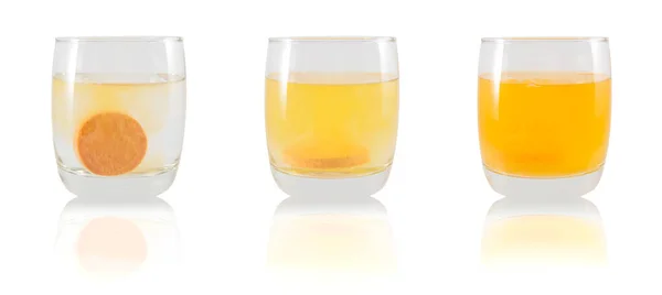 Collage Tabletas Vitamina Con Sabor Naranja Disolviéndose Vaso Agua Aislado — Foto de Stock