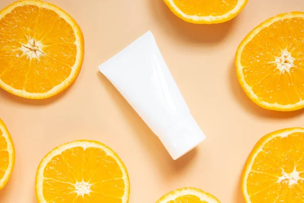 Természetes Vitamin Bőrápoló Termékek Friss Lédús Narancs Gyümölcs Szelet Narancs — Stock Fotó