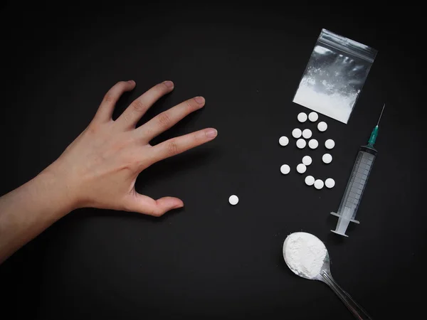 Young Human Hand Trying Reach Drugs Dark Table Drug Powder — Stock Photo, Image