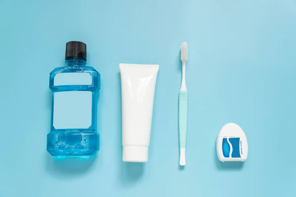 Oral Care Products Set Top View Mouthwash Toothpaste Toothbrush Dental — Stock Photo, Image