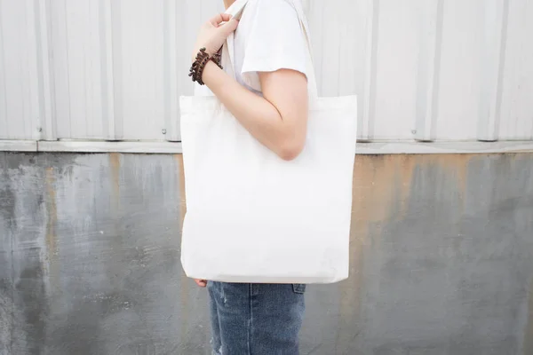 Tessuto Bianco Bianco Tela Tote Bag Con Manico Modello Design — Foto Stock