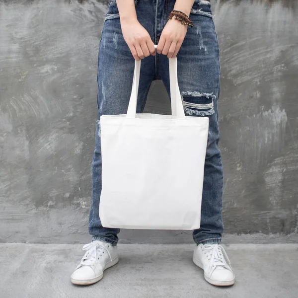 Tessuto Bianco Bianco Tela Tote Bag Con Manico Modello Design — Foto Stock