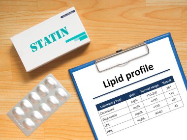 Laboratory results chart of lipid profile showing high blood cholesterol levels and generic pack of statins tablets for treatment dyslipidemia patient on wood table. Health care and medical concept. clipart