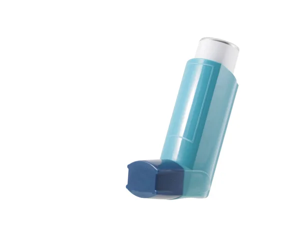 Inhalateur Asthme Bleu Avec Étiquette Vierge Isolée Sur Fond Blanc — Photo