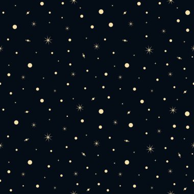 Koyu uzayda altın yıldız ve gezegen desensiz vektör arkaplanı