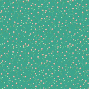 Şirin küçük pembe çiçekli ve yeşil yapraklı, pürüzsüz desenli vektör duvar kağıdı. Yeşil arkaplanda çiçek deseni