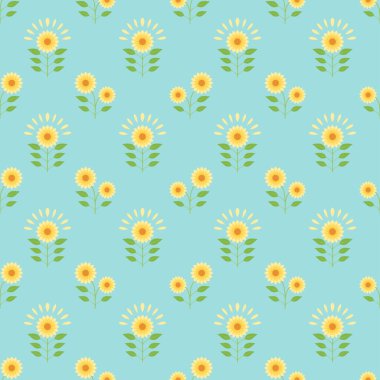 Küçük ayçiçeği fiilleri ve mavi arka plan dikişsiz desenli eski çiçek desenli duvar kağıdı.