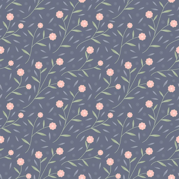 Small Pink Bloom Flower Green Leaves Seamless Pattern Vector Floral — Stock Vector