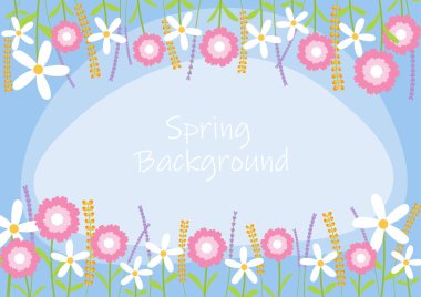 mavi arka planda açan güzel bahar çiçekleri, çiçek kenarı, vektör illüstrasyon arka planı