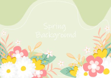 Yeşil arka planda çiçek açan el çizimi, çiçek kenarı, vektör illüstrasyon arka planı