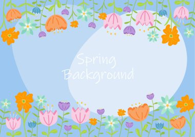 İlkbaharda mavi arka planda çiçek açan güzel çiçekler, çiçek kenarı, vektör illüstrasyon arka planı