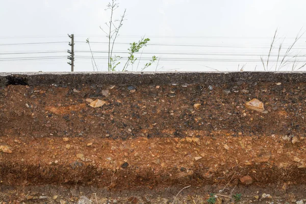 Section the curb layers of soil and rock. Caused by the collapse of the soil.