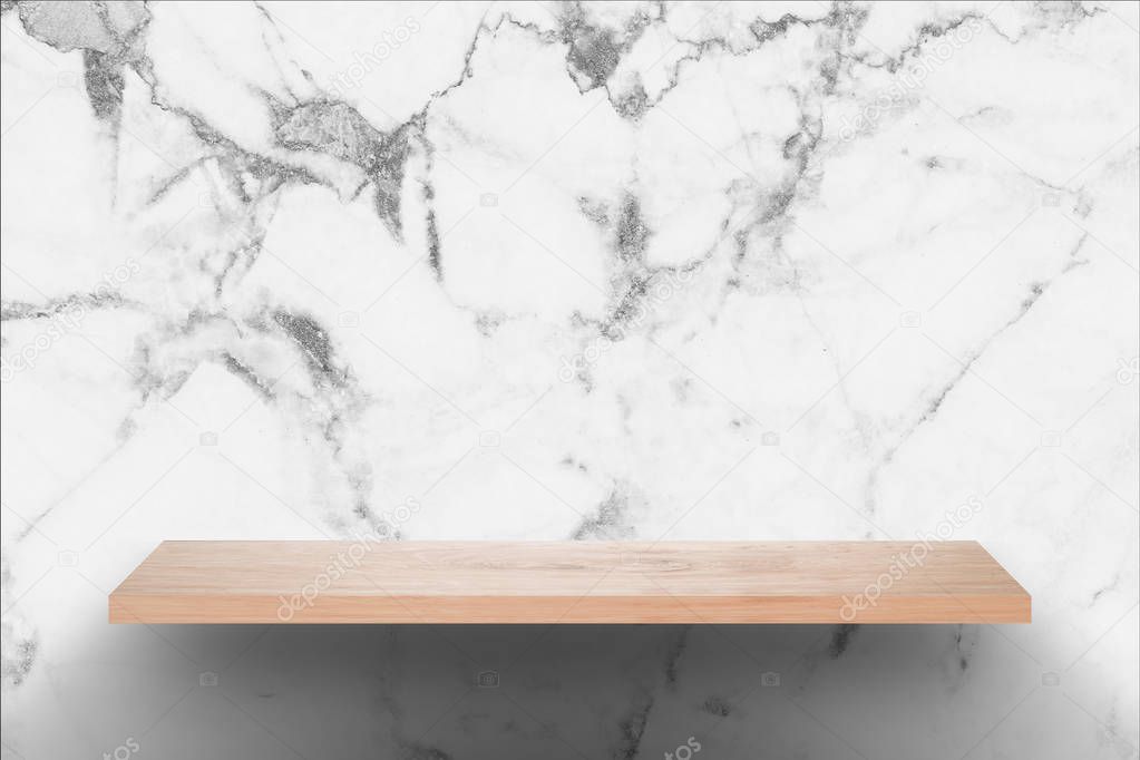 Empty wood bar with black and white marble wall background