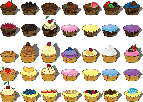 Muffin cupcake vector set, different decoration ideas