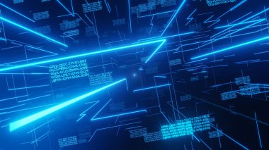Siber uzay, elektronik ışıklar ve kod içerisindeki 3D soyut mavi teknoloji arka planı
