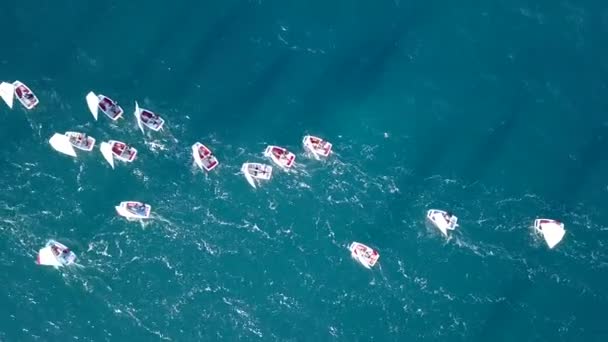Grupo de pequenos barcos à vela manobrando nas águas calmas do mar. Vista aérea — Vídeo de Stock