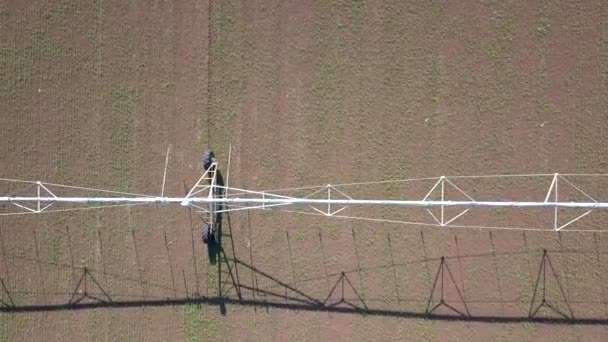 Tubo de riego agrícola sobre el campo agrícola. Imágenes de drones . — Vídeos de Stock