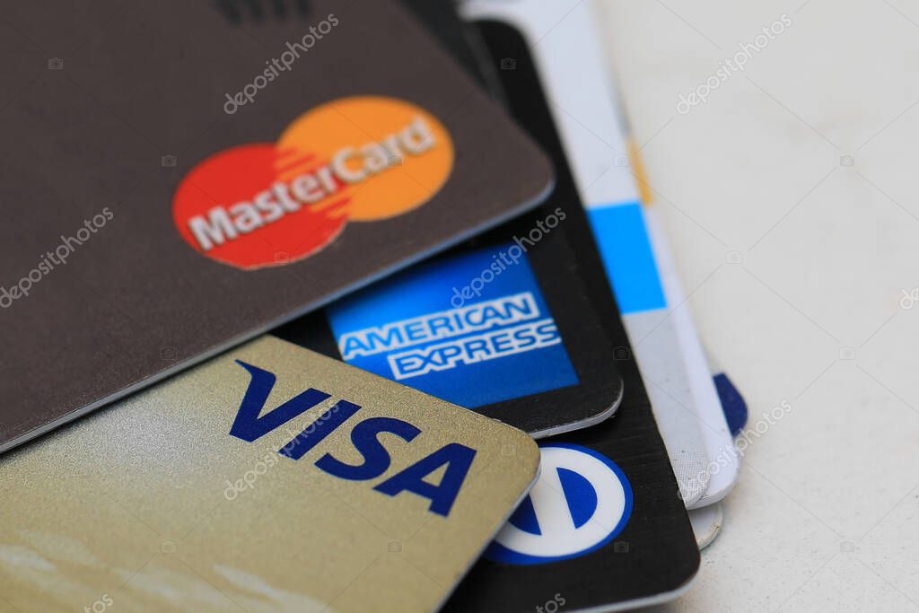Tel-Aviv, Israel - January 26, 2020: Credit cards major brands. VISA, MasterCard and American Express. . High quality photo