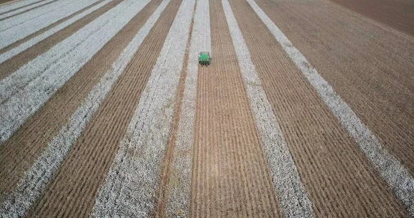 Aerial image of a cotton picker harvesting a large field.