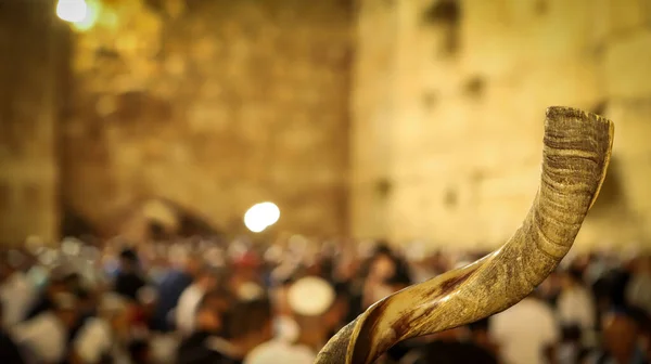 Shofar ve arka planda, dindar insanlar İsrail 'in kutsal şehri Kudüs' teki Batı Duvarı 'nda dua ediyorlar.