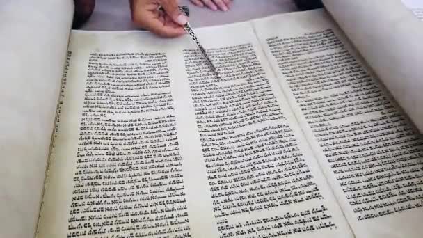 Gerusalemme, ISRAELE - 6 luglio 2020: Rabbino ebreo legge il rotolo della Torah con la mano di lettura del TORA. — Video Stock