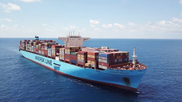 Mediterranean Sea - June 25, 2020: Maersk Hidalgo mega Container Ship. ULCV fully loaded with freight Container.