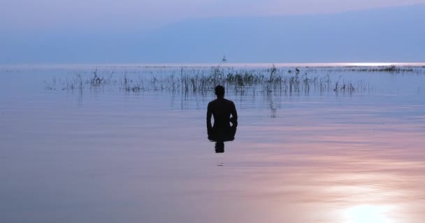 Silhouette d'homme entre dans une mer calme et commence à nager au lever du soleil. — Video