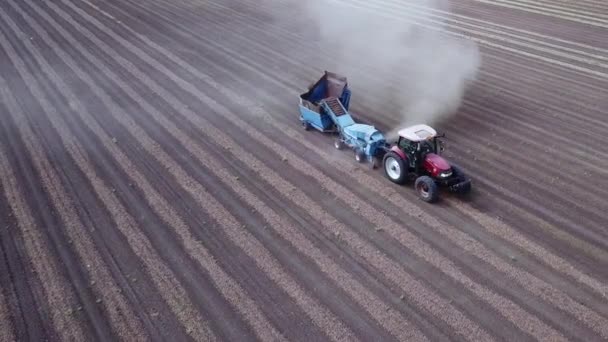 Almond kombinerer innhøstingen på et jorde og plukking av tørre mandler fra bakken og blåsing av støv. – stockvideo