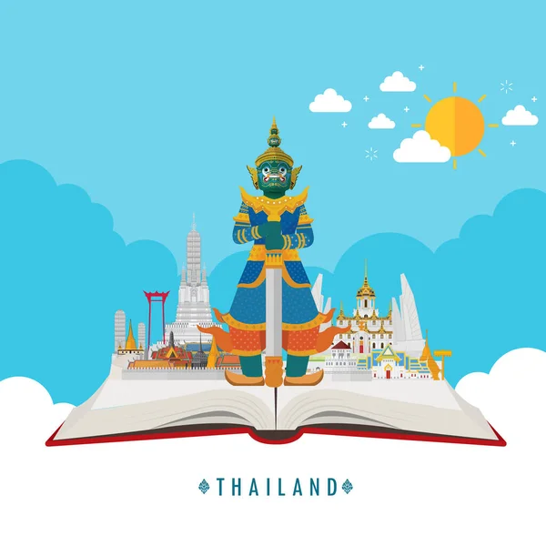 Libro Abierto Viaje Increíble Tailandia Atracción Ilustración Vectorial — Archivo Imágenes Vectoriales