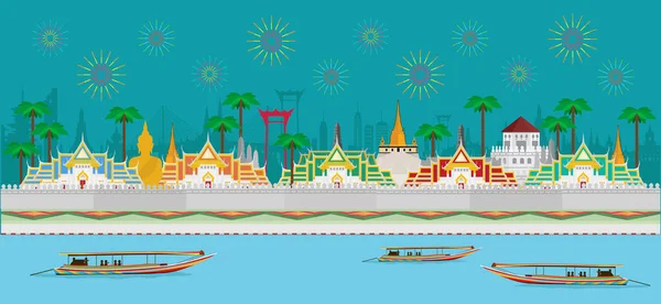 Tayland 'da kutlama ve simgeler. Chao Phraya Nehri 'nde uzun bir kuyruk teknesi. Vektör illüstrasyonu
