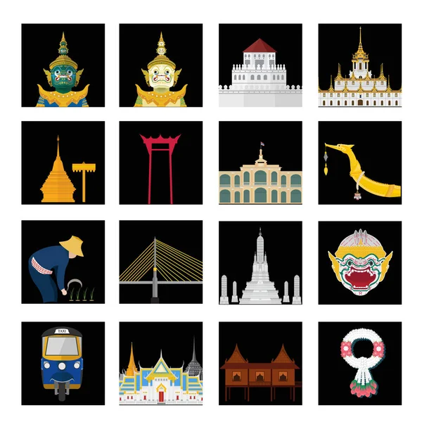 Tayland 'daki Bangkok ve Landmark ve seyahat yerleri. Vektör illüstrasyonu