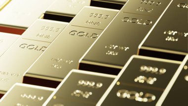 Hisse senedi altın piyasası, altın külçeler ve finansal konsept. 3d hazırlayıcı.