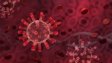 Corona virüsü ve DNA yapısı kan arka planında biyoloji, mikroskop koronavirüs covid-19, grip salgını, 3 boyutlu medikal canlandırma.