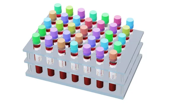 Corona virüsü, kan testi konsepti, beyaz arka planda izole edilmiş cam tüpteki hastaya kan testi yapılan Coronavirüs. Grafik montajı için kullanılan kırpma parçası. 3d hazırlayıcı.