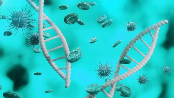 DNA hücre yapısı biyolojisi mikroskobu ve kan hücresindeki virüs, genetik mutasyon, Coronavirus 2019-nCov roman konsepti, korona salgını, kanser hücresi, grip virüsü h1n1, grip, 3D rendering.