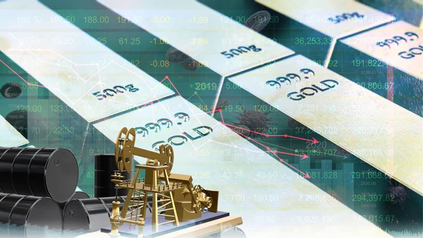 Dünya ekonomik ticaret akışı düştü, altın piyasası düştü, virüs ile ticaret petrol borsası düştü, Coronavirus salgını ekonomik kriz para piyasası düştü, 3D. 