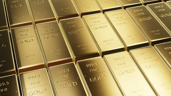 Hisse senedi altın piyasası, altın külçeler ve finansal konsept. 3d hazırlayıcı.
