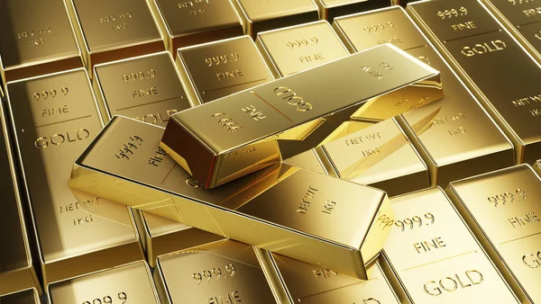 Hisse senedi altın piyasası, altın külçeler ve finansal konsept. 3d hazırlayıcı.