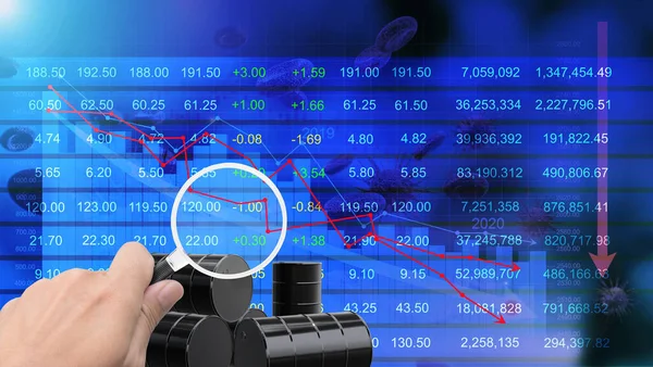 Petrol borsasında virüs, koronavirüs salgını ekonomik kriz, borsa düşüşü, borsa krizi, kırmızı fiyat oku düşüşü. 3d oluşturma. 
