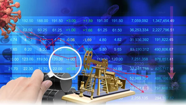 Petrol borsasında virüs, koronavirüs salgını ekonomik kriz, borsa düşüşü, borsa krizi, kırmızı fiyat oku düşüşü. 3d oluşturma. 