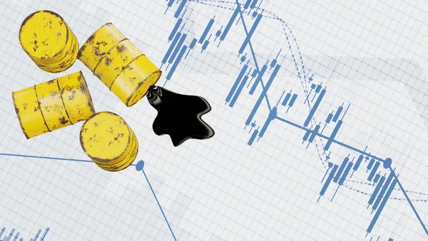 Ham petrol ve fiyat tablosu, Suudi Arabistan petrol fiyatları kriziyle birlikte borsa düşüşü, petrol varili ve borsa düşüşü. 3d hazırlayıcı.