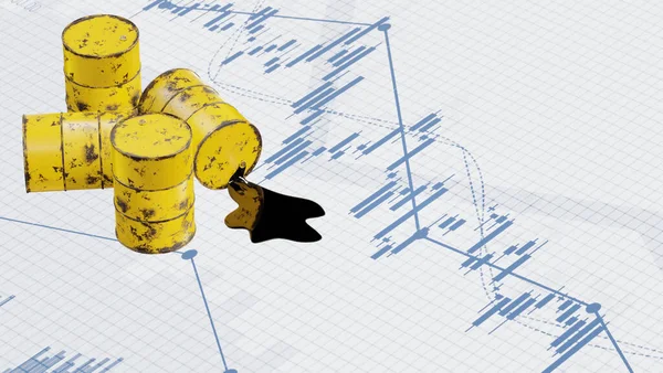 Ham petrol ve fiyat tablosu, Suudi Arabistan petrol fiyatları kriziyle birlikte borsa düşüşü, petrol varili ve borsa düşüşü. 3d hazırlayıcı.