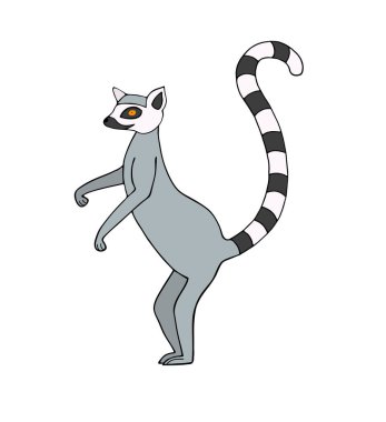 Beyaz arka planda komik gri lemurlar. Kıvrımlı çizgili kuyruk, neşeli ruh hali. Duvar kağıdına yazdırma için vektör illüstrasyonu, baskılar, desenler