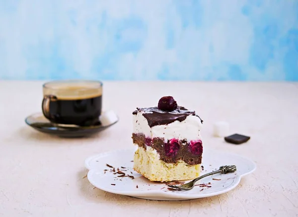 切碎的蛋糕多瑙河波 香草和巧克力海绵蛋糕与樱桃 香草布丁 覆盖巧克力和樱桃装饰 甜点的配方 情人节 德国菜 — 图库照片