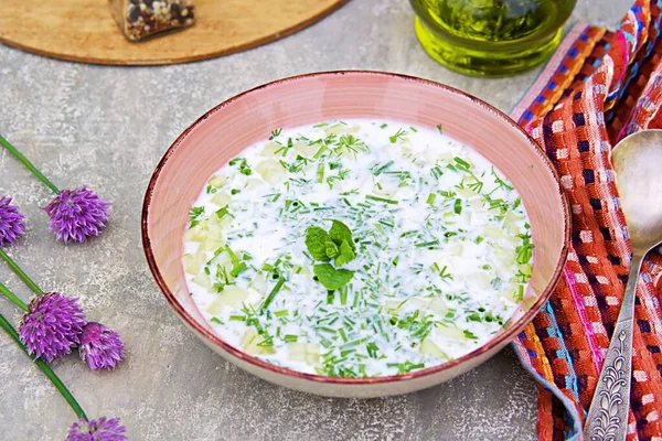 Koude Summwr Soep Ayran Natuurlijke Ongezoete Yoghurt Met Komkommer Kruiden — Stockfoto