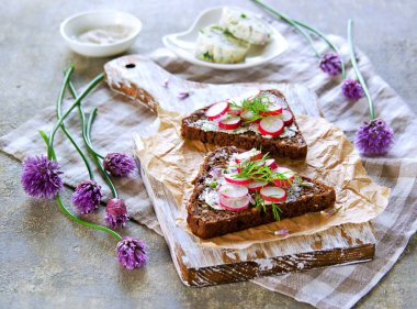 Üçgen çavdar ekmeğinde sandviç, bitkisel tereyağı ve tahta üzerinde taze turp, gri beton arka planda..